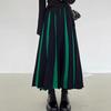 Women Midi Skirt High Waist Patchwork Color Pleated Skirt Autumn