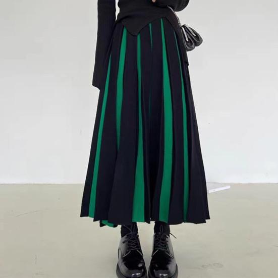 Women Midi Skirt High Waist Patchwork Color Pleated Skirt Autumn