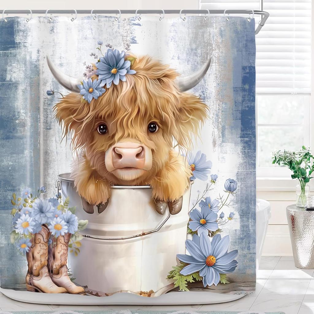 Highland Cow Shower Curtain Rustic Farmhouse Cattle Butterfly Farm Animals Flowers Plants Cowboy Boots Bathroom Decor With Hooks