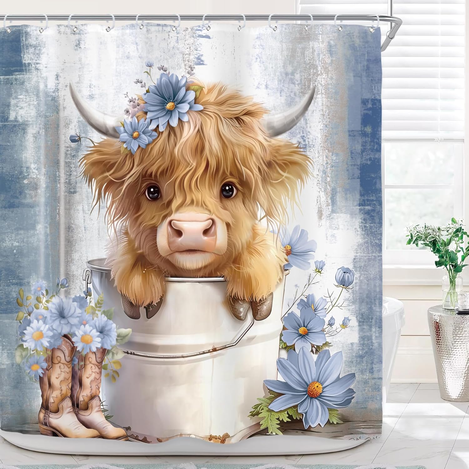 

Highland Cow Shower Curtain Rustic Farmhouse Cattle Butterfly Farm Animals Flowers Plants Cowboy Boots Bathroom Decor With Hooks 35x70inch-90x180cm
