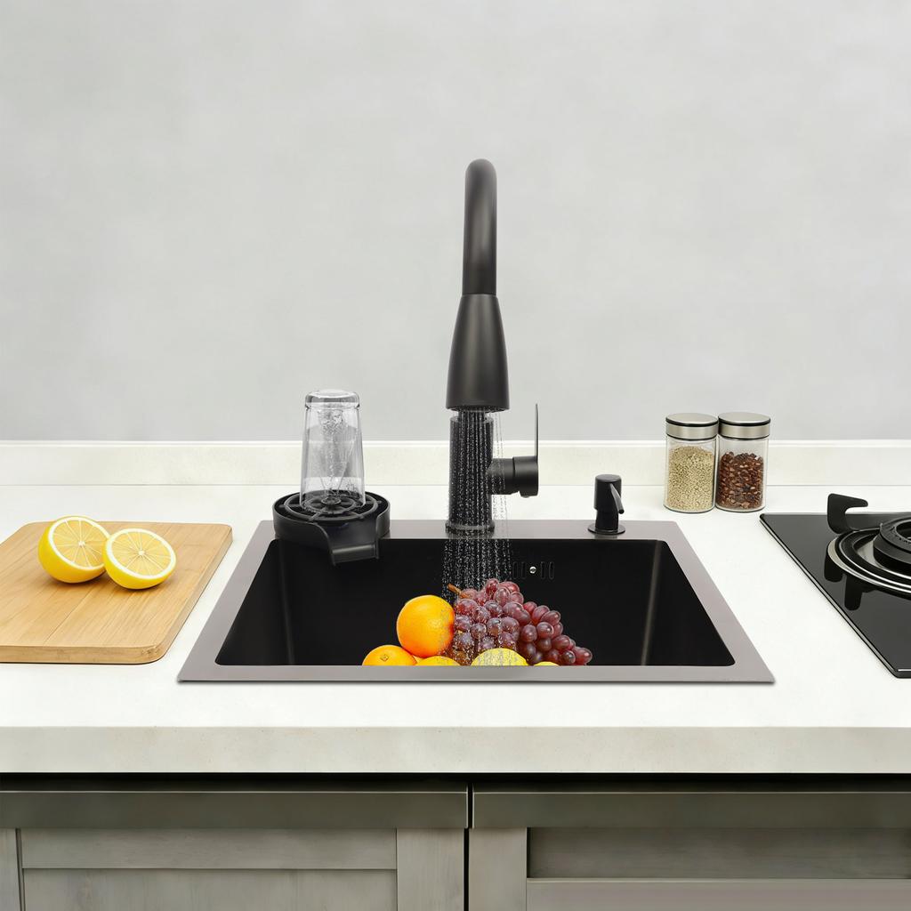 Multi-Functional 201 Stainless Steel Kitchen Sink – Pull-Out Faucet, Cup Rinser, Drain Basket & Soap Dispenser Included – Gun-Grey – 45 X 40 Cm