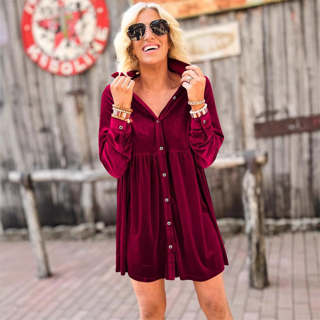 YYFS Damenmode Frühling Herbst Einfarbig Druck Langarm POLO Hals Lose Taille Casual Kleider