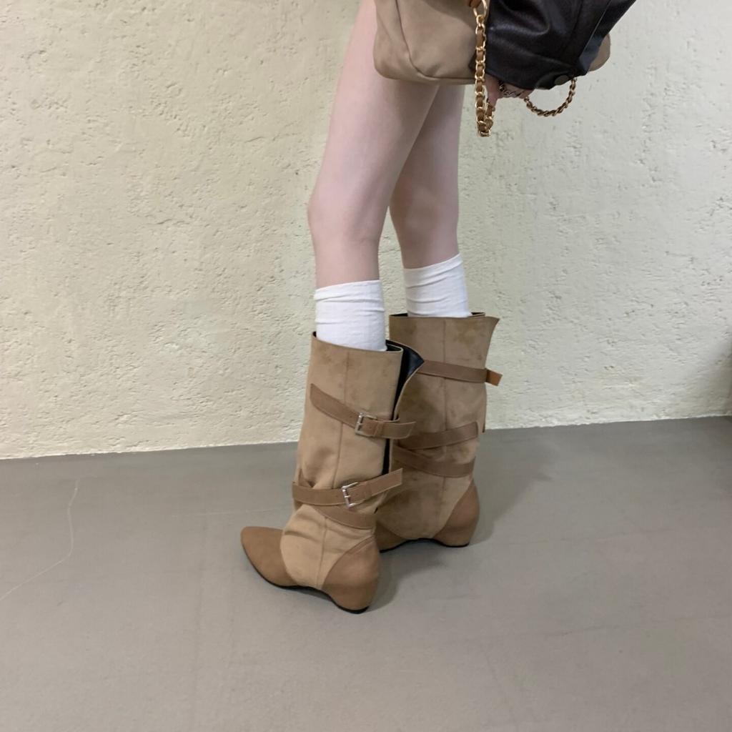 European and American Suede Thick Heel Pointed Belt Buckle Knight Boots Women's Winter Tall Stacking Boots Niche Versatile Fashion Boots