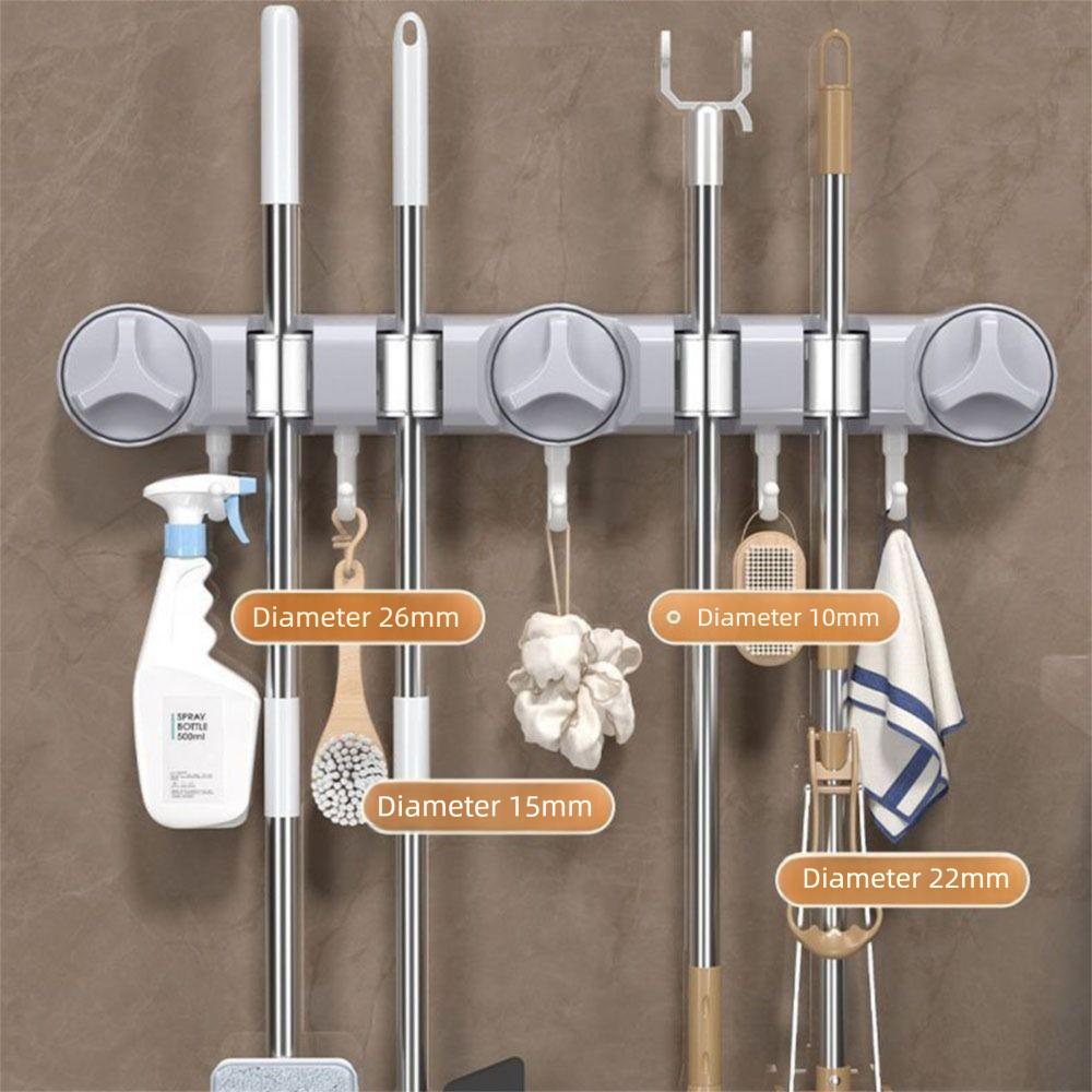 4 Position Suction Cup Mop Holder 5 Hooks Mop Hanging Rack Stable Wall-Mounted Mop Clip  Kitchen