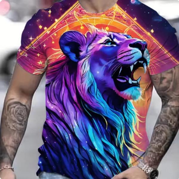 Summer Casual Men's Clothing Oversized Loose Lion Pattern Printed Short Sleeved Round Neck Fitness T-shirts