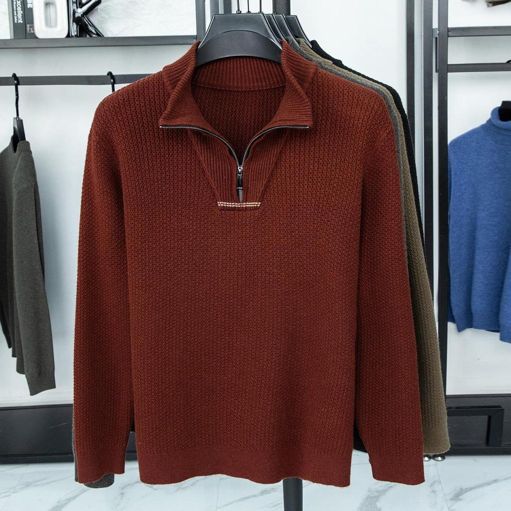 Men's Plus Size Trendy Half-Zip Wool Sweater: Autumn/Winter Fleece Pullover, Warm Casual Knit.
