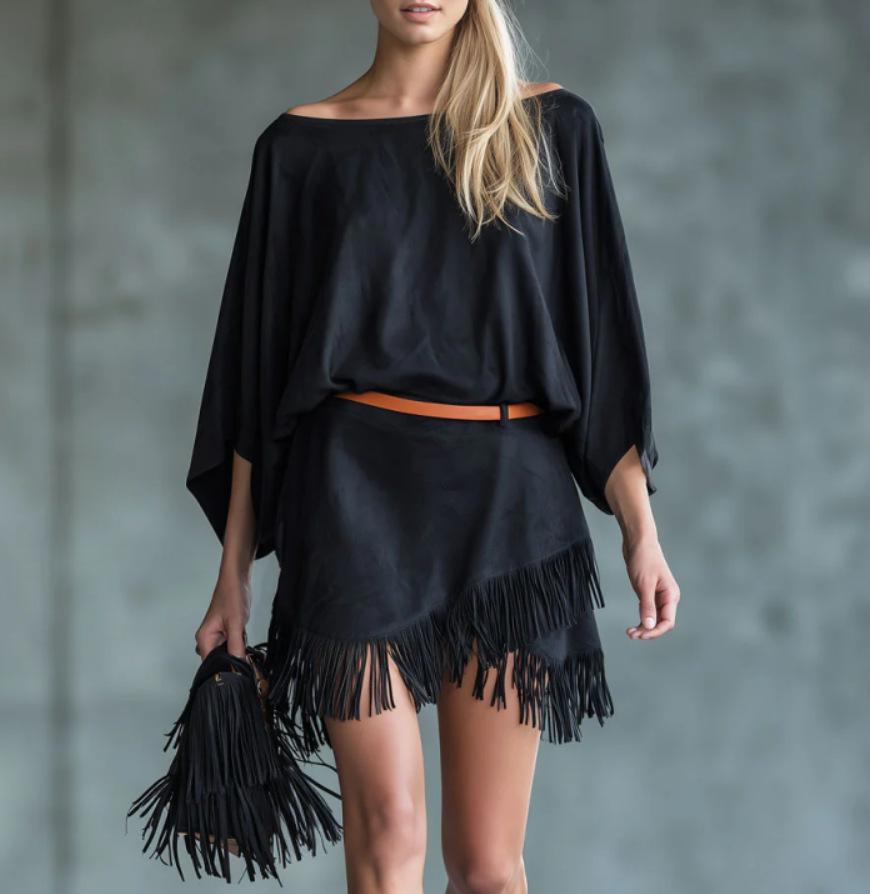 2026 Western style new one-word shoulder bat sleeve hem fringed women s dress S