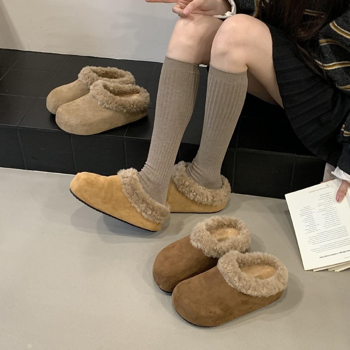 

Platform shoes women s winter velvet lazy one-pedal cotton slippers bag head wearing slippers heightening slippers 39 темно-коричневого