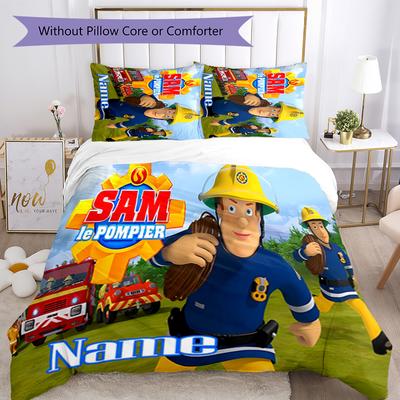3pcs Custom Name Fireman Sam Bedding Set Duvet Cover Closure Includes 1 Duvet Cover & 2 Pillowcases for All Seasons Bedroom Decor