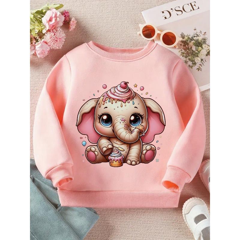 Girls/Boys "Creamy Cutie: A Sweet Elephant Delight" Print Long Sleeve Crewneck Sweatshirt - Soft Casual Pullover Top