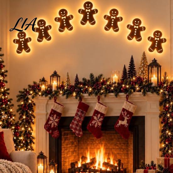 Christmas Atmosphere Ambient Light 7PCS Wooden Wall Lights, Warm LED Backlight Glowing Silhouette Decorative Elk Figures Pendants, Rustic Style