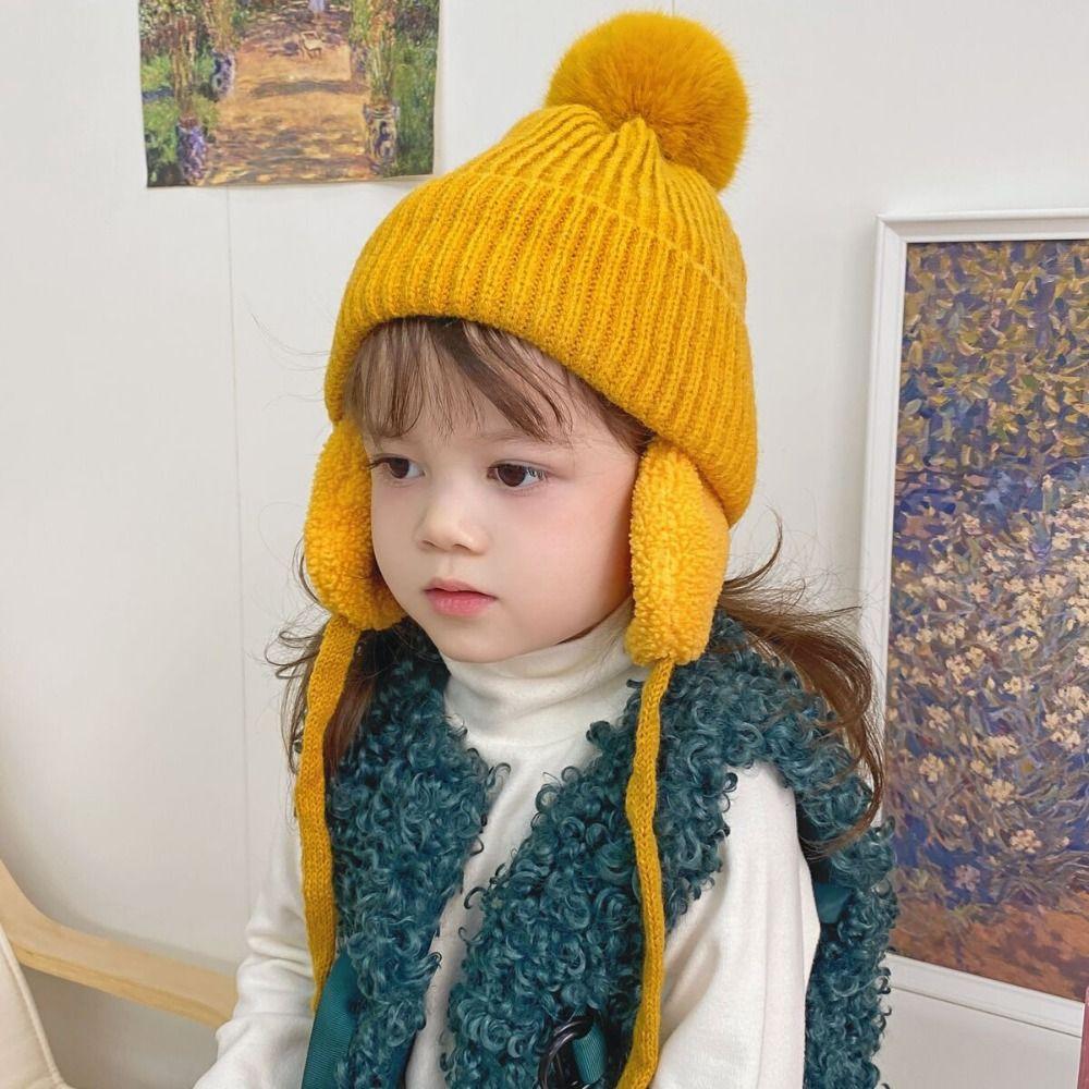 Plush Pompom Beanie with Earflap Ear Protection Wool Cap Thick Children Knitted Hat  Boy