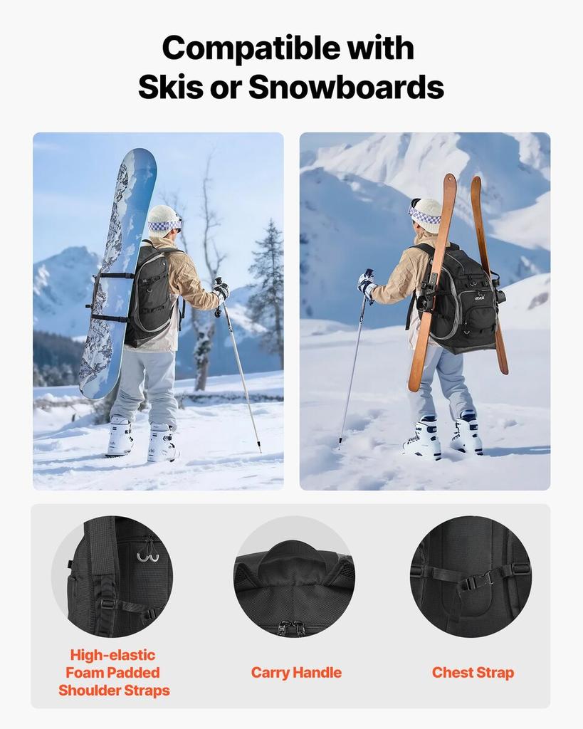 Ski Boot Bag, 70L, Snowboard Boots Travel Backpack for Men Women, with Waterproof Exterior & Bottom, Durable 1680D Oxford, Bag for Skis, Snowboard,