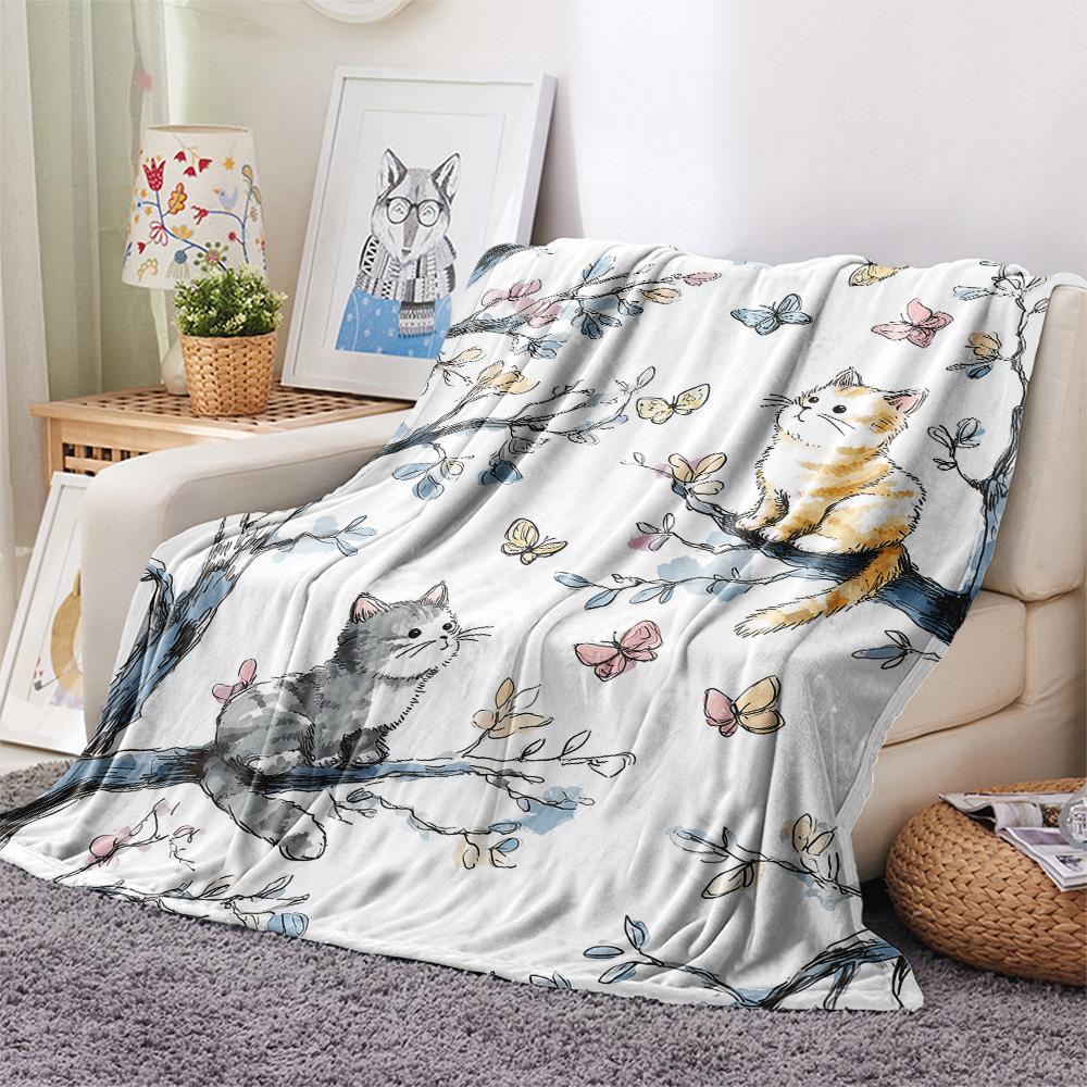Cute Cats Print Flannel Blanket, High Quality Comfortable for All Seasons, Home Decor, Warmth and Comfort