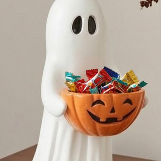 Porte-collations citrouille Figurine fantôme Halloween avec bol à bonbons, Jolie statue en résine, Organisateur d'objets de petite taille autoportant Trick or Treat pour