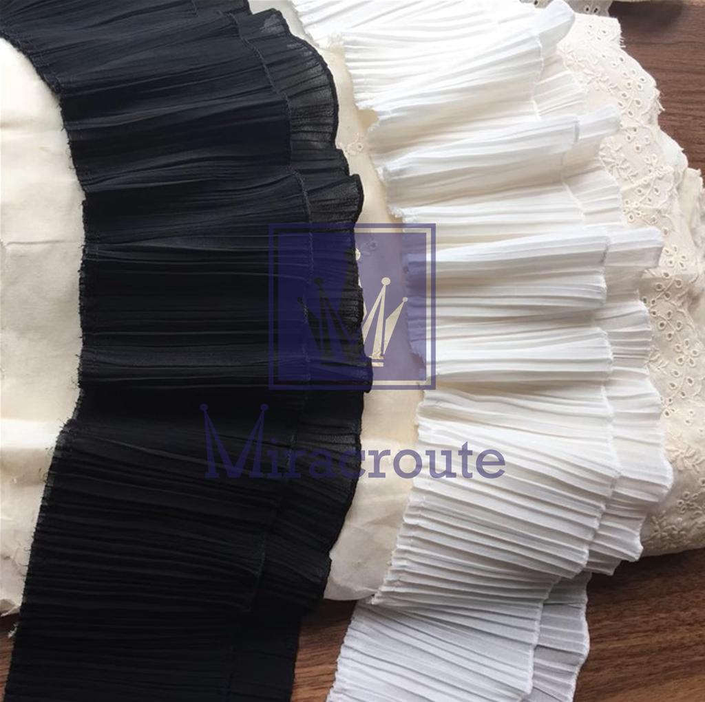 13cm Wide x Long Soft Chiffon Lace Pleated Cute Black and Decorative for Wedding Dresses and Costumes 4.5m Double-Layer Fabric, Ribbon, White, (White)