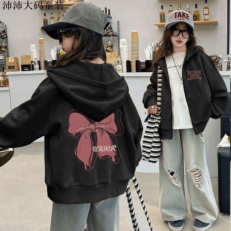 Dziewczęce kurtki wiosenne z kapturem Dziecięcy płaszcz z nadrukiem kokardki 2025 Modna odzież wierzchnia jesienna dla dzieci Nastolatki Bluzy z długim rękawem Ubrania