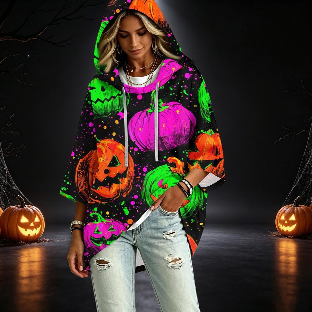 Women's Halloween Printed Hoodie 3/4 Sleeve Pullover Casual Tunic for Party