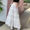 Women Maxi Skirt Elastic High Waist A-Line Skirt Solid Color Hollow Crochet Flower Pattern Ruffle Stitching Cake Skirt