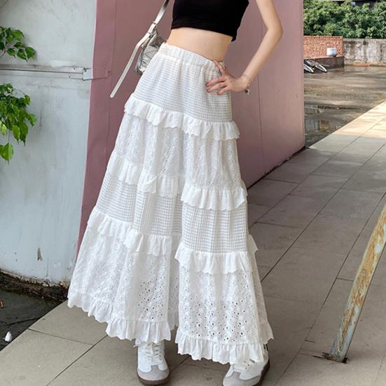 Women Maxi Skirt Elastic High Waist A-Line Skirt Solid Color Hollow Crochet Flower Pattern Ruffle Stitching Cake Skirt