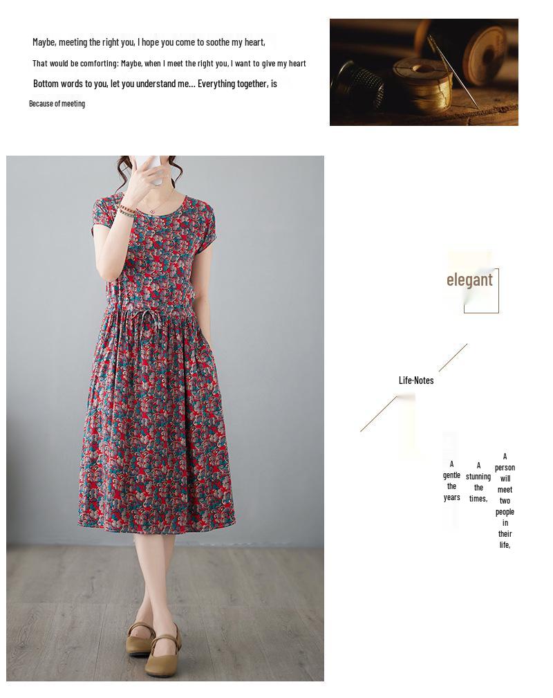 2025 Summer Floral Cotton-Silk A-Line Dress: Women's Short Sleeve, Loose Waist, Slimming Tie Mid-Length