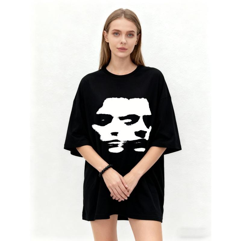 Oversized T Shirt Black Abstract Face Print Graphic Tee Casual Streetwear Fashion Top Women Summer Outfit