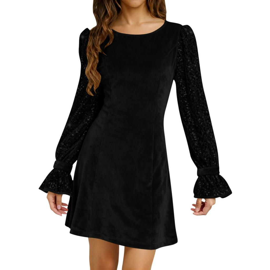 Damskie Sukienki z Aksamitu i Cekinów z Długim Rękawem z Kołnierzykiem Sukienka dla Gościa Weselnego Formalna Koktajlowa Sukienka na Bal