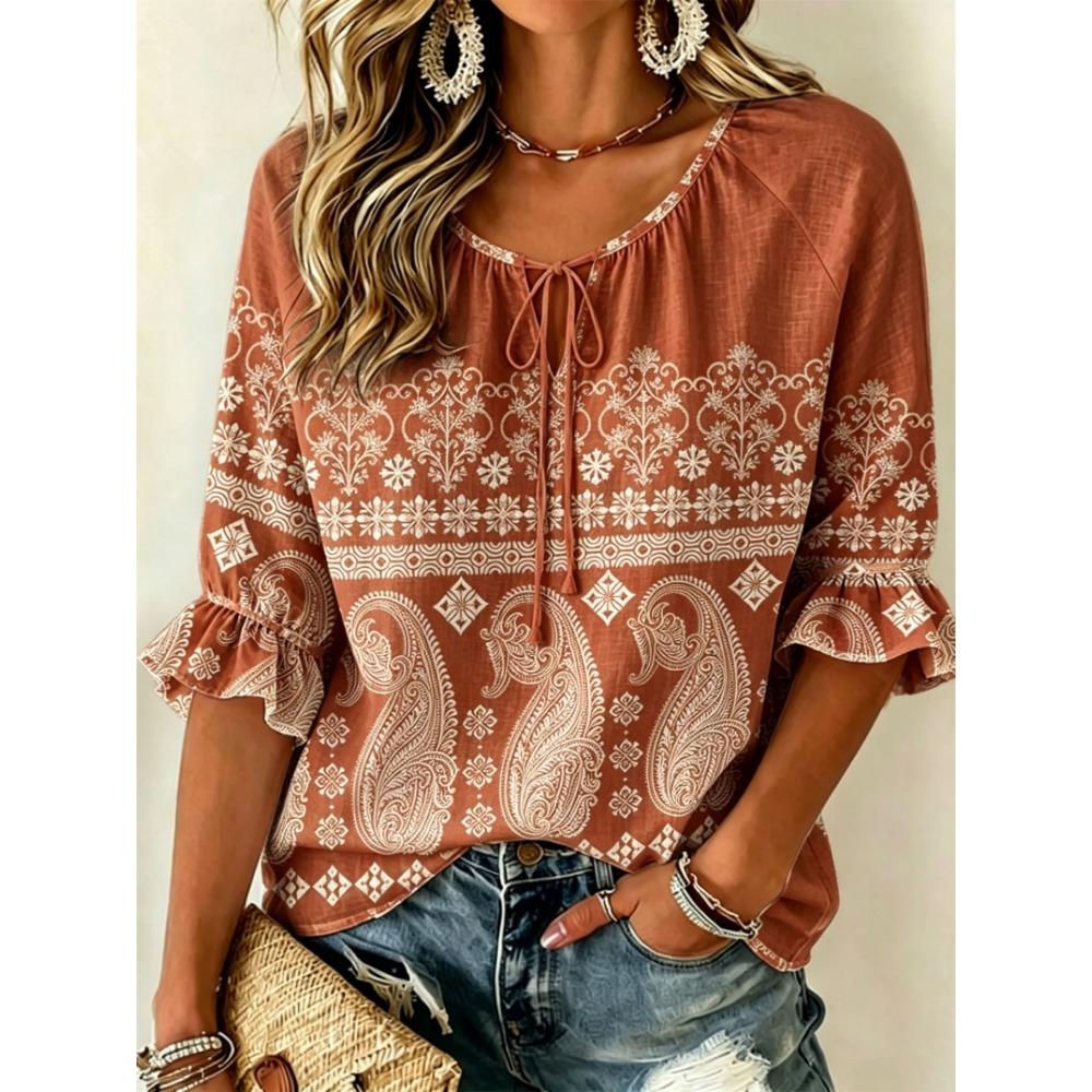 Women's Beige Paisley & Ethnic Print Tie Front Blouse, Casual Loose Top for Spring Summer Daily Wear