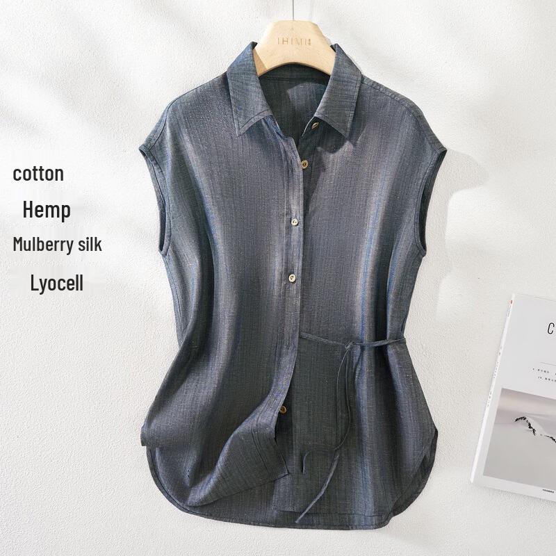 IHIMI Women s Silk-Hemp Lyocell Blend Sleeveless Tie-Waist Shirt M
