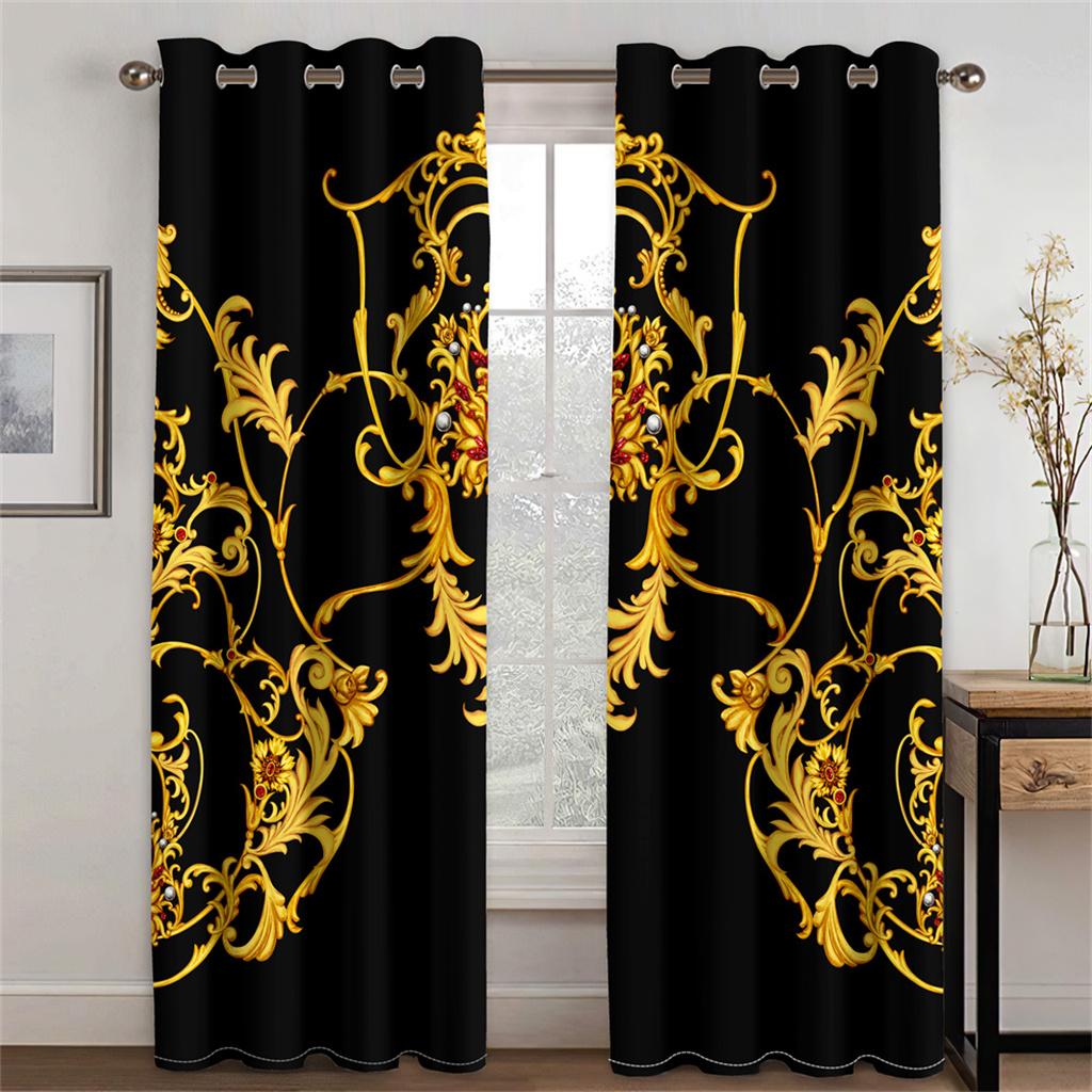 Floral Gold Chain Lines 3D Green Creative Curtains 2 Panels Fit Living Room Kitchen Bedroom Balcony Decor