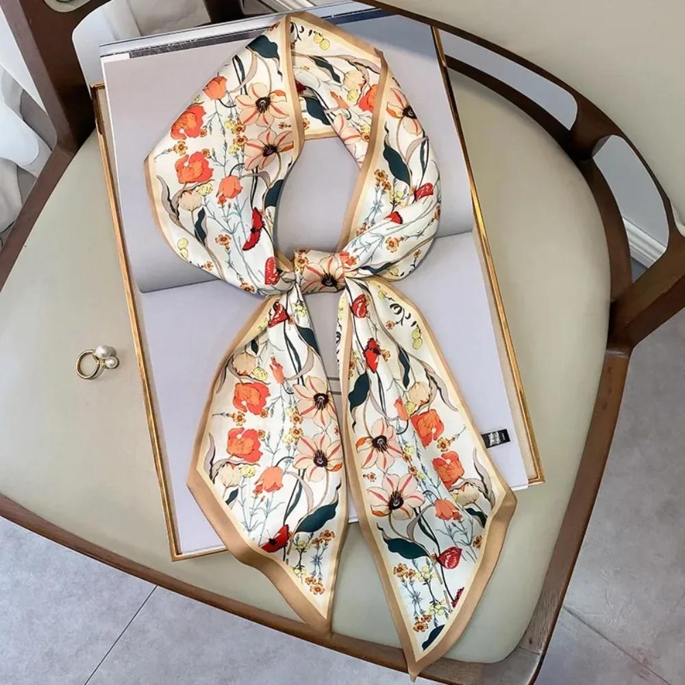 Fashion Silk Scarf for Women Narrow Long Wrist Small Ribbon Hair Band Scarves Foulard  Female Floral Print Kerchief