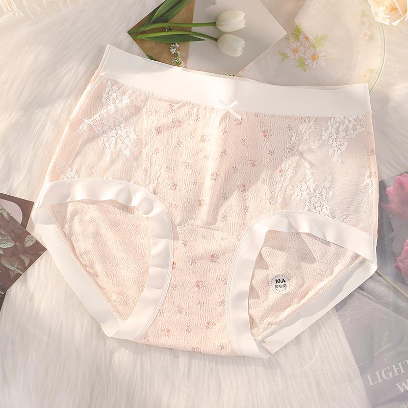 Plus Size Women's Summer Printed Lace Cotton 10A Antibacterial Long Crotch High Waist Briefs