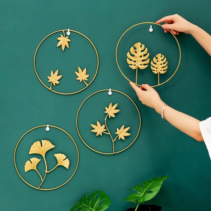 Ginkgoblad Vägghängande Dekoration Metallram Prydnad Järn Guld Palm Lönnlöv Vägg Hänge för Bakgrund Vardagsrum Heminredning