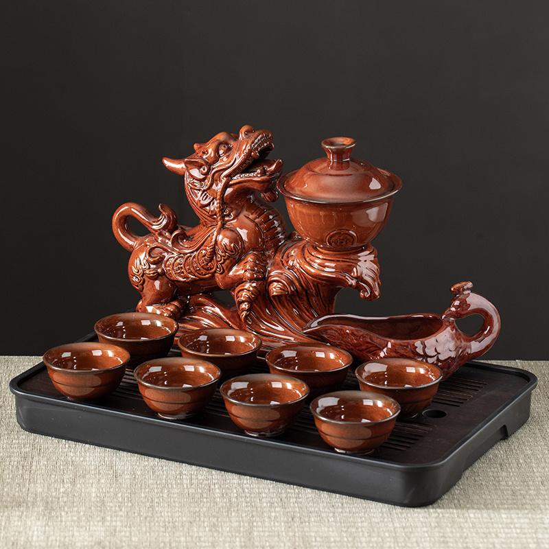 1 Set Lazy Tea Set Magnetic Water Diversion Rotating Gaiwan Tea Maker Automatic Brave Troops Retro Teapot Tea Cups Cover Bowl Rectangular Tea Tray Chi