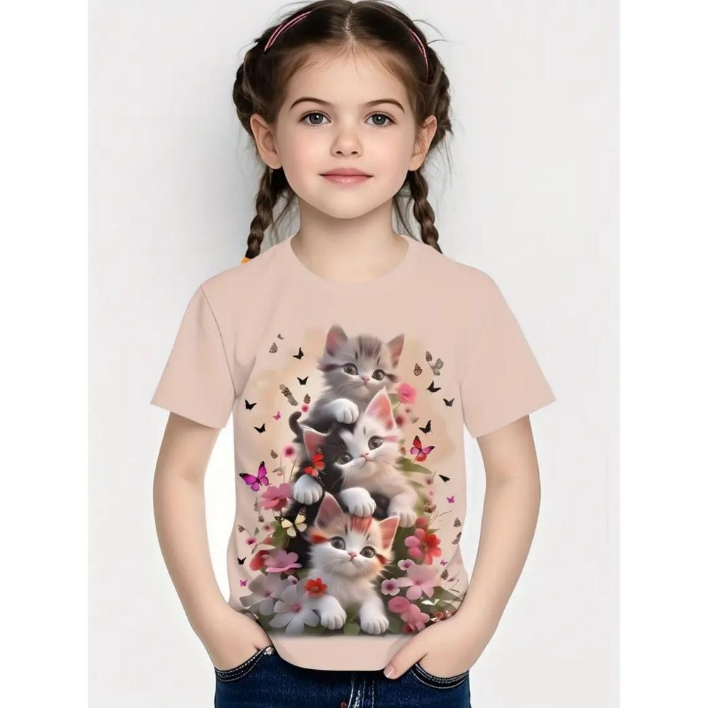 Girl Clothes Kawaii Cat Pattern Print Summer Short Sleeve Tops Casual Fashion T-Shirt Outdoor Lightweight Children's Clothing