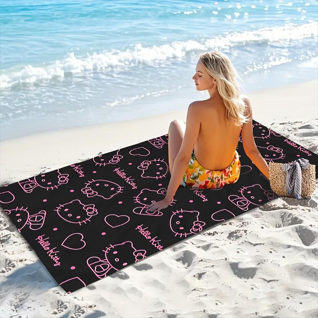 1pc Sanrio Hello Kitty Beach Towel Polyester - Lightweight Quick Dry Soft Swimming Travel Towel, Black Pink Outline Pattern, Uni