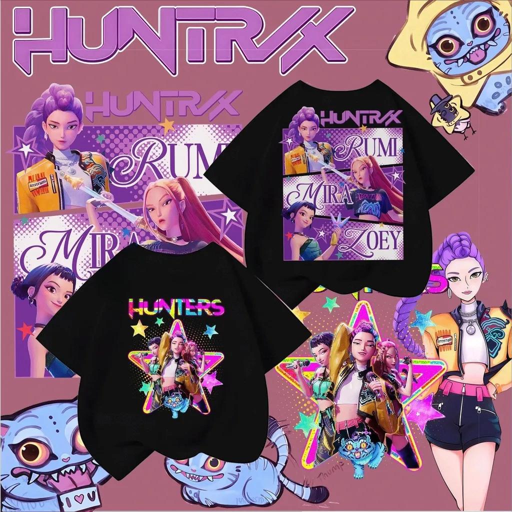 

KPop Demon Hunters Kids TShirt HUNTRX Rumi Mira Zoey Double Sided Print Pink Cotton Short Sleeve Tops for Girls Fans Gift S