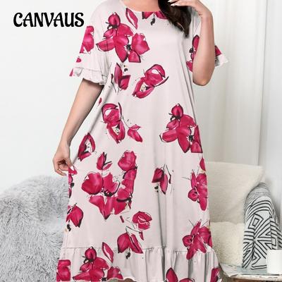 Dames Lente Zomer Nachthemd met Korte Mouwen en Bloemenprint Huisjurk Grote Maat Dames Casual Pyjama