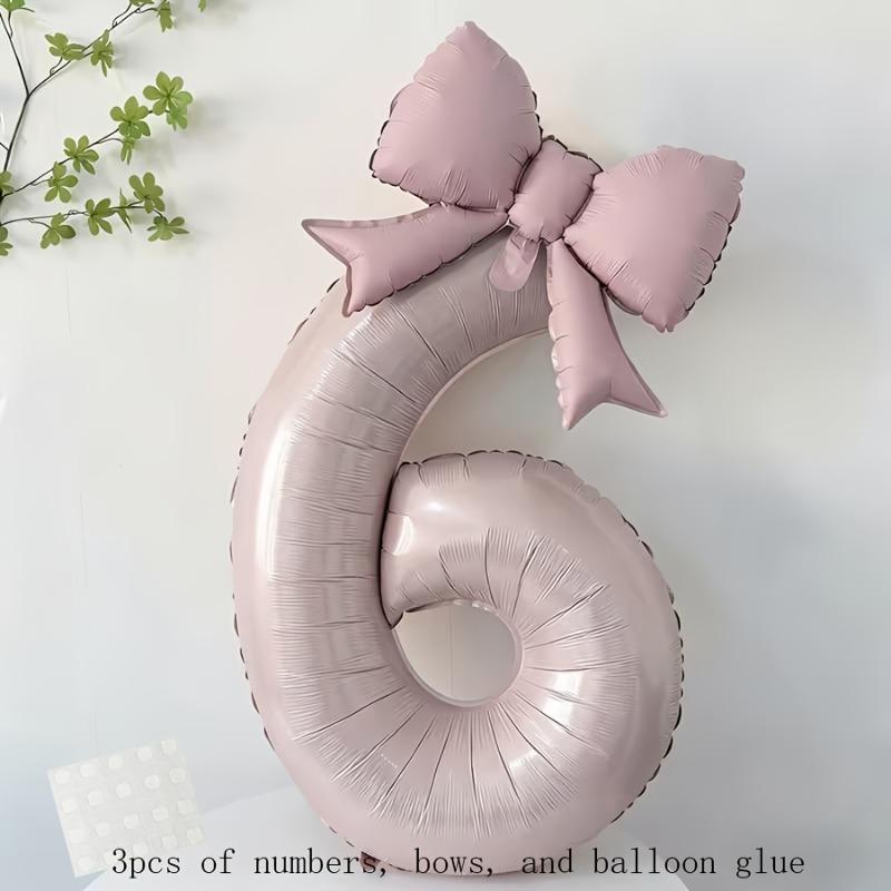 Complete Party Decor Set 3pcs - Light Pink Number Balloon, Bow & Stickers for Birthday, Anniversary & Festival Backdrop