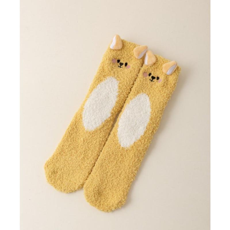 Autumn and Winter Coral Fleece Socks for Women, Three-dimensional Cartoon Animal Embroidery, Home Floor Socks, Thickened Half-fleece Mid-calf Socks