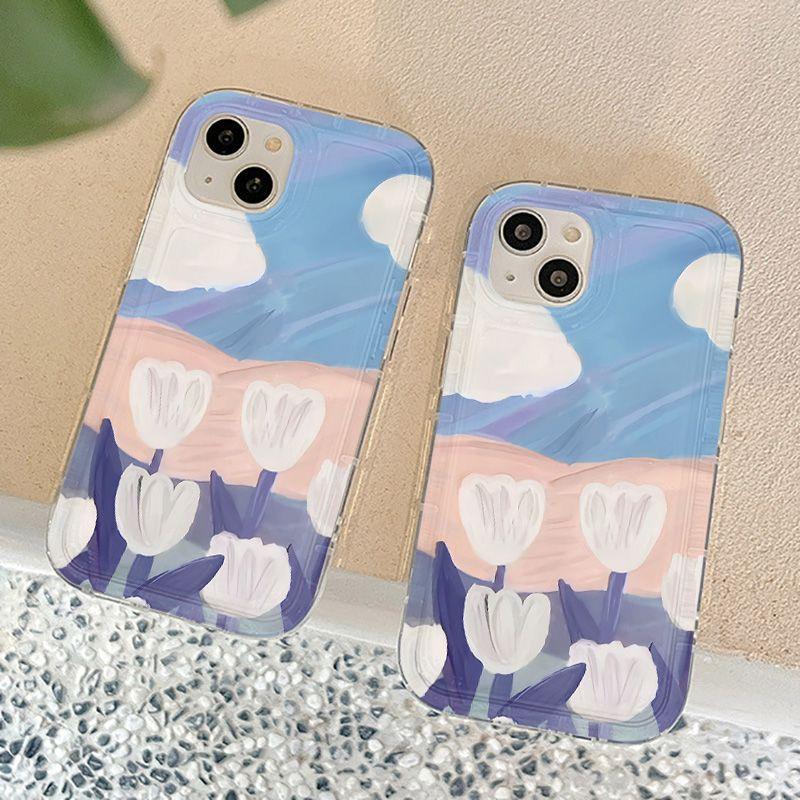 ins wind oil painting tulip for iPhone17Pormax mobile phone case 16pro Apple 14 soft case 15/13
