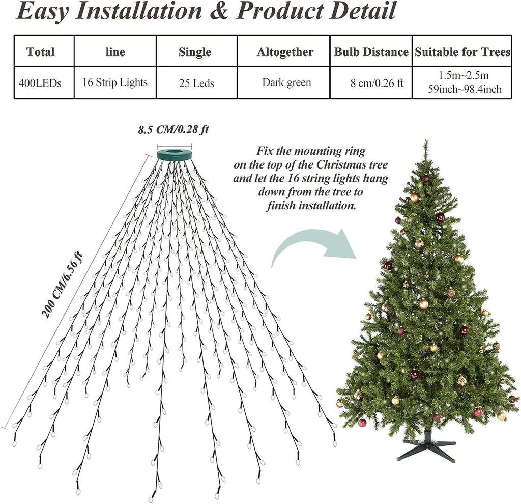 LED with Ring Christmas Tree Lights, Decorative Roof Lights String Garden Courtyard Outdoor Wall Tree Coat Waterfall Lights