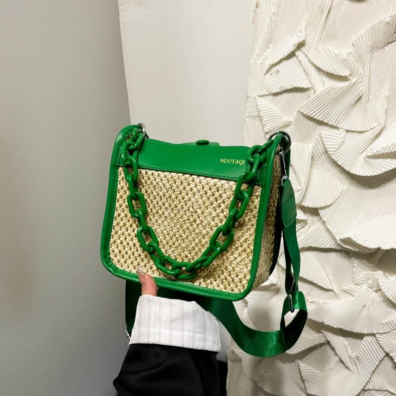 Woven Chain Handbag Women's 2025 New Textured Straw Shoulder Messenger Bag Versatile Contrasting Color Small Square Bag