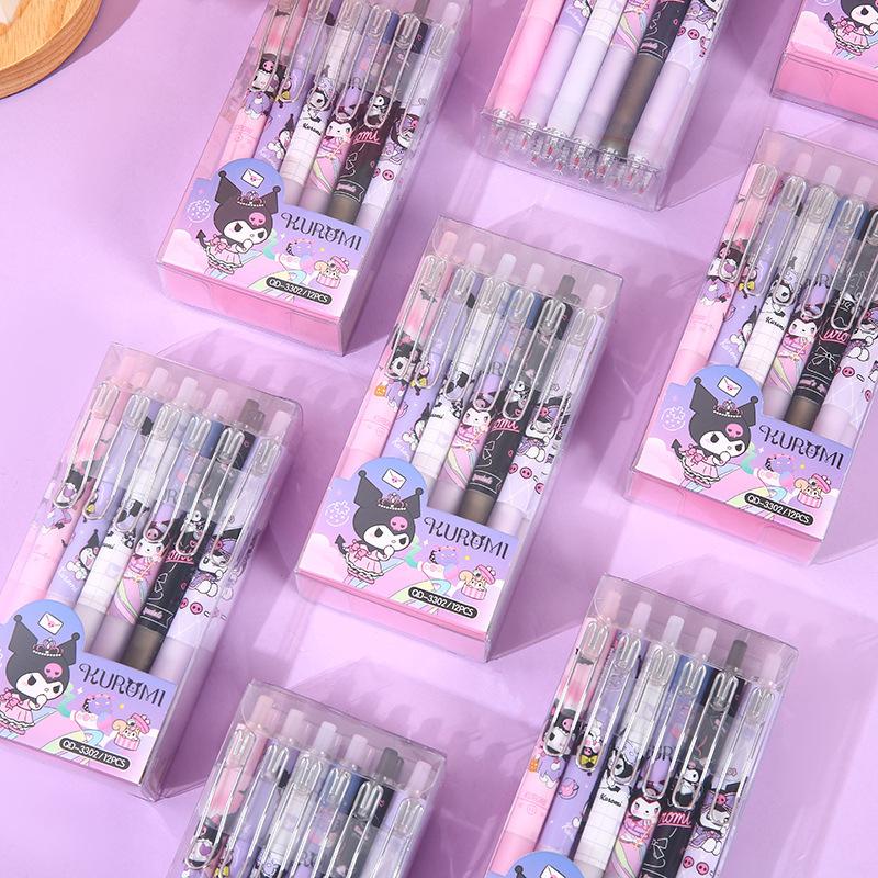 12Pcs 0.5mm Sanrio Kuromi Elf Box Press Pen High-Pretty Neutral Pen ST Head Sign Pen Black Smooth Back To School Season