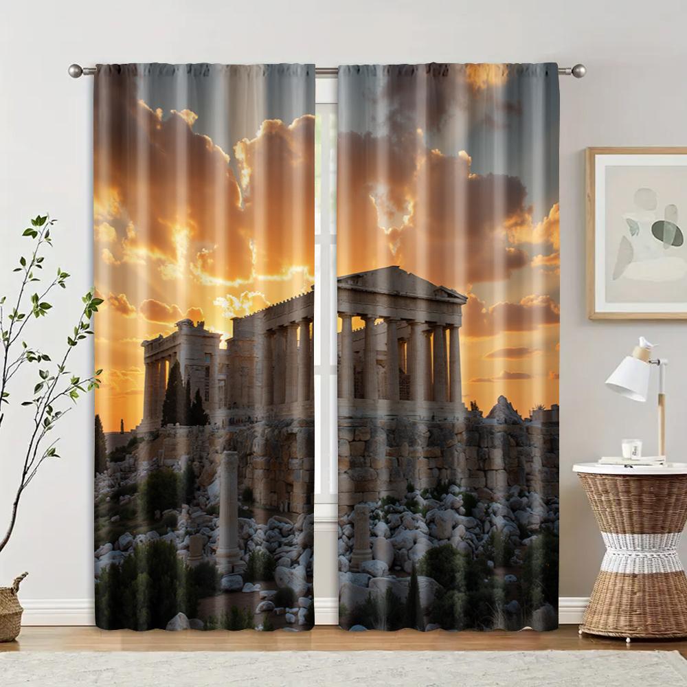 

Set Of 2 Filtering Curtains Excluding Rods Non Movable Without Batteries Acropolis Parthenon Temple Use Bedrooms Curtain Polyester Ideal For Bedroom W100*H70(CM)-Rod Pocket&2PCS