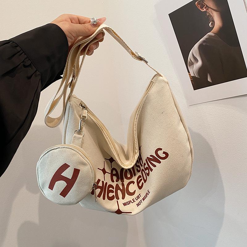 College Canvas Bag Casual Crescent Bag Letter Printed Large Capacity Crossbody Dumplings