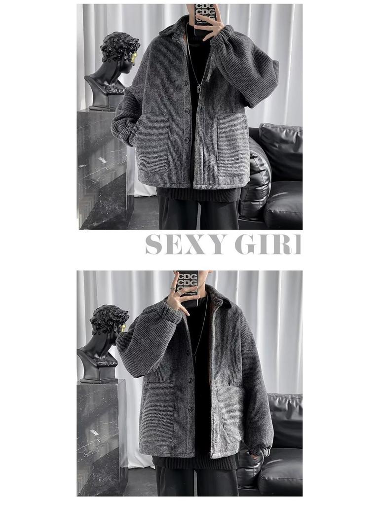Men's Stylish Woolen Cotton Jacket - Autumn/Winter Velvet Warm, Korean Trend, Couples, Thick and Casual.
