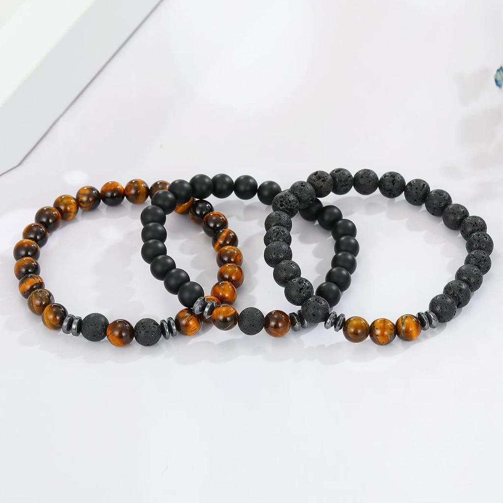 3 Pieces / Set Fashion Men'S Bracelet Natural Stone Tiger Eye Lava Bead Bracelet Men'S And Women'S Zircon Gift Classic