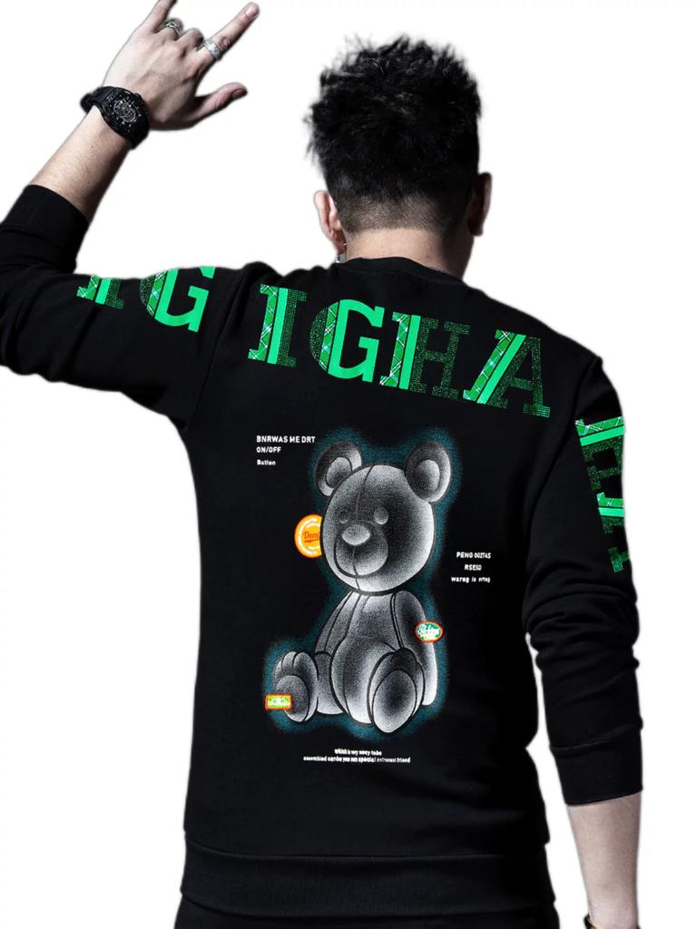 European Men's Long-Sleeve Crew Neck Sweatshirt 2025 Autumn New Bear Print Rhinestone Base Shirt Trendy Top