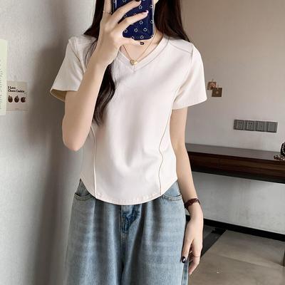 White Short-sleeved T-shirt Women's Summer Front Shoulder Thin Design Sense Slim Fit Irregular Short V-neck Exposed Collarbone Top